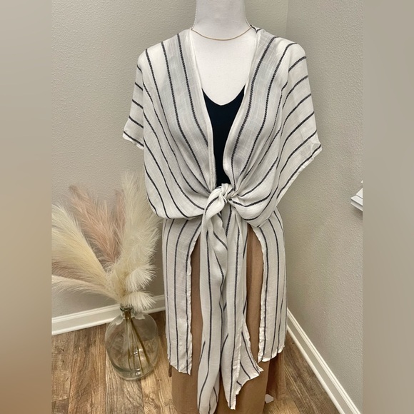 Stripe Black and White Kimono Style Boho Swim Cover Up - Picture 4 of 15